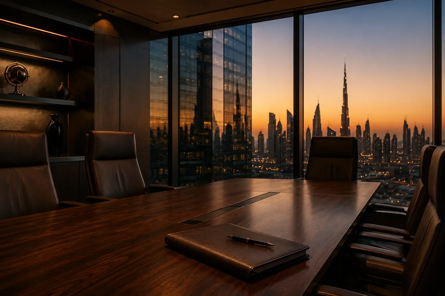 An empty private meeting room high in a Dubai financial-district tower at dusk, with a closed leather portfolio and pen on the table
